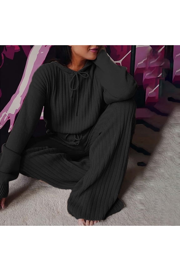 Sweater Sets For Women Solid Color Leisure Time Hood Sweater Athletic Wear Long Sleeves Suit