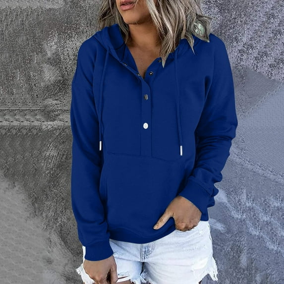 AXXD Sweatshirts for Women,Women Hoodies Clearance under $10.00,Woman Hoodies,Henley,Long Sleeve,Deep Pocket,Blue,S( US:4)