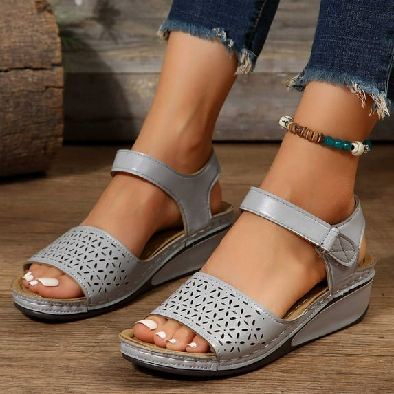 AXXD Wedge Sandals for Women 9.5 Summer New Large Size Hollow Thick Bottom One Line Buckle Sandals