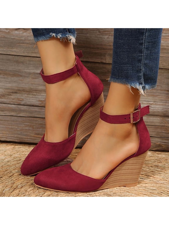 Wedge Sandals for Women Summer Closed-Toe Pointed Toe Sandals Metal Buckle 7.5CM Shoes Dress Sandals