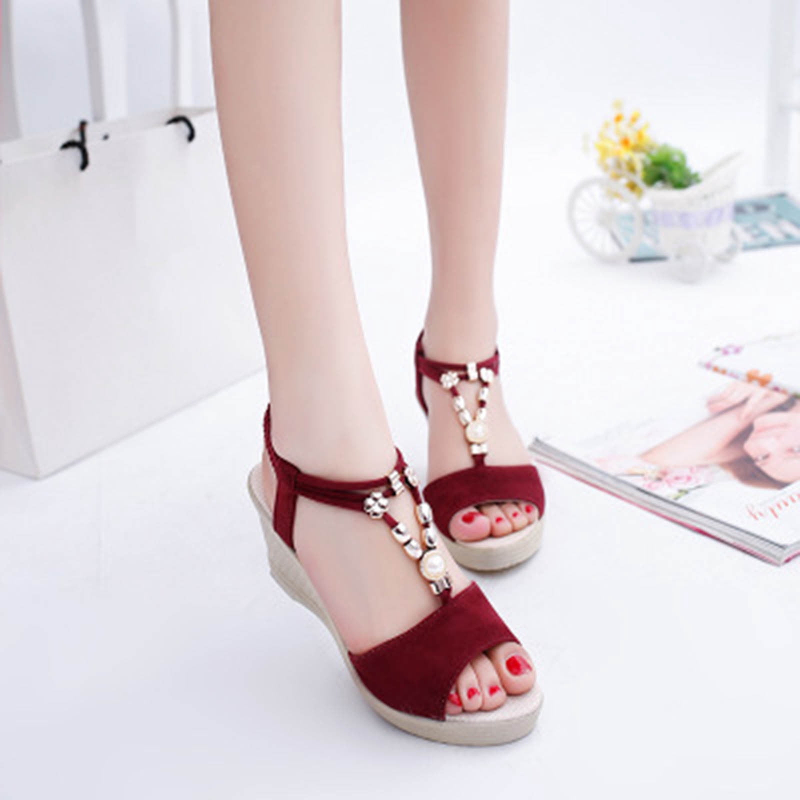 String Wedge AXXD Wedge Sandals for Women Summer Ladies String Bead Casual Roman ...