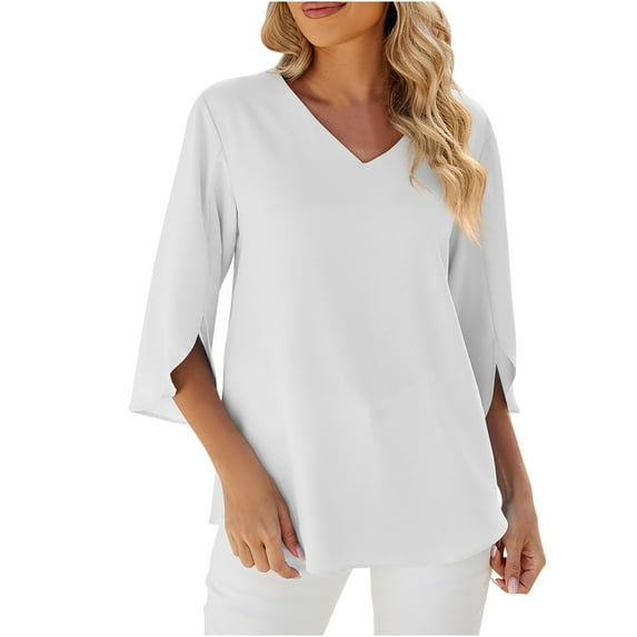 AXXD White Basic Blouses for Women Business Casual 2024 Lace Summer Solid V-neck Bubble Short Sleeve Solid T-shirt Top