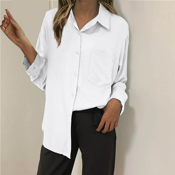 AXXD White Basic Blouses for Women Dressy Casual Sexy Summer 2024 Solid Color Lapel Casual Long-Sleeved Pocket Shirt
