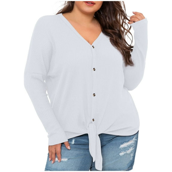 AXXD White Basic Fashion Tops for Women Trendy Summer 2024 Long Sleeve Comfortable Breathable V--Neck Shirt Cardigan Tops