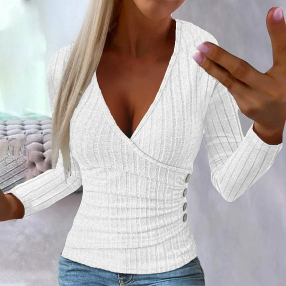 AXXD White Basic Ladies Tops And Blouses Summer 2024 Sexy Deep V-neck Long Sleeve Casual Blouse Shirt Tops Undershirt