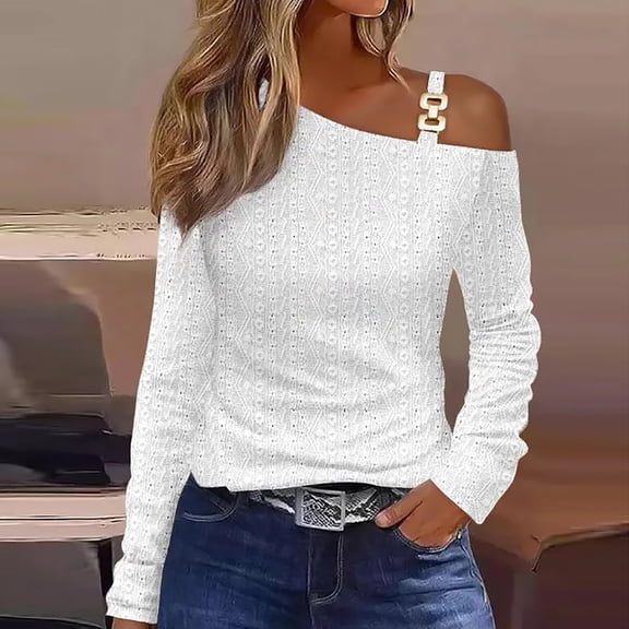 AXXD White Basic Ladies Tops Summer 2024 Trendy Casual One Shoulder Drop Shoulder Pullover Long Sleeve Top