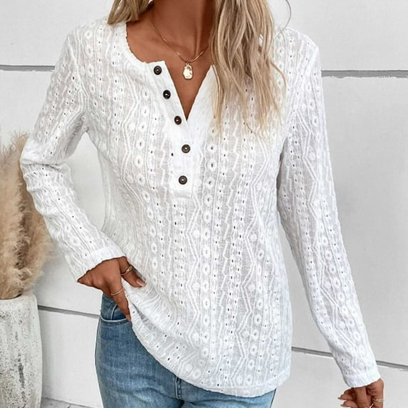 AXXD White Basic Summer Tops for Women 2024 2024 Lace Trendy Button V-Neck Long Sleeve Casual T-shirt Top Solid Blouse