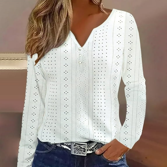 AXXD White Basic Tops for Women Trendy Summer 2024 Casual Shirt Long Sleeve Solid V-Neck Buttons Hollow Out Polluer Blouse Tops