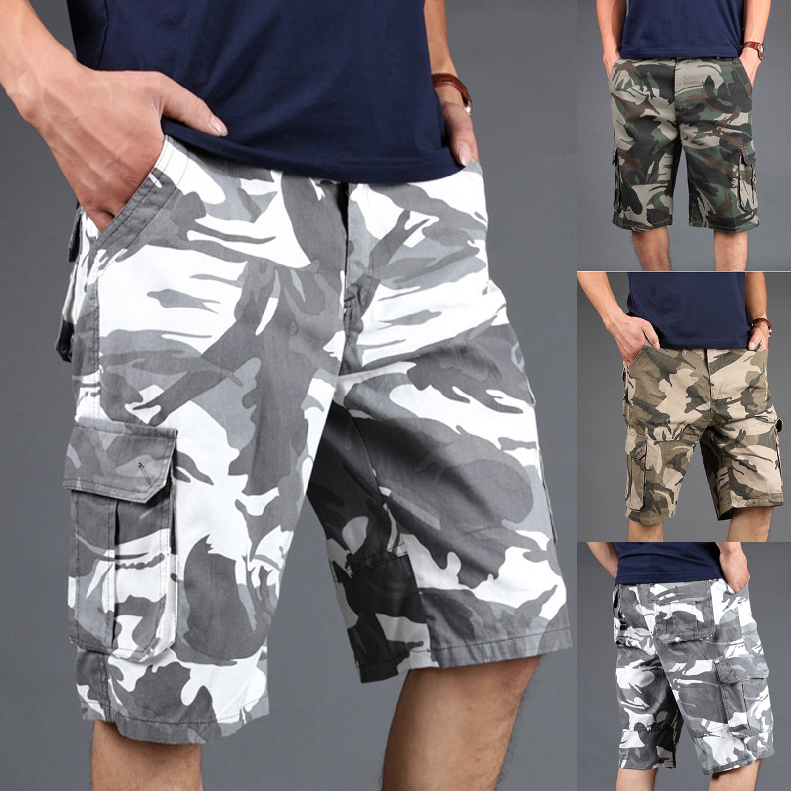 WSLCN Homme Shorts en Coton Rétro Baggy Cargo Camo Shorts Bermuda Outdoor Casual Combat Shorts Pantacourt, Gris Foncé, 38W