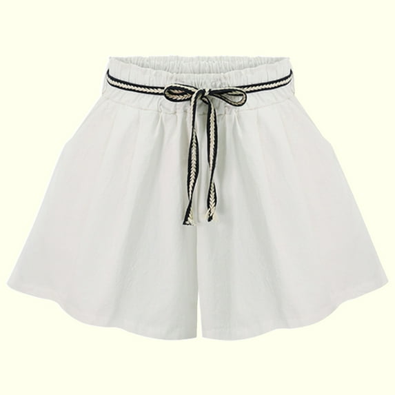 AXXD White Linen Shorts For Women High Waisted Ladies Summer Solid Color Loose Belt Wide Leg Shorts Mother's Day
