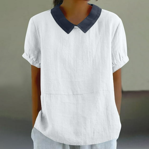 AXXD White Plus Size Blouses for Women Dressy Casual Sexy Summer 2024 Loose Solid Color Casual Short Sleeved Patchwork Lapel Shirt Top