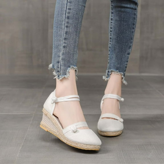 AXXD White Sandals Women Beach Wedge Summer Plus-size Clasp Solid Color Straw Woven Linen Wedge Sandals Mothers Day