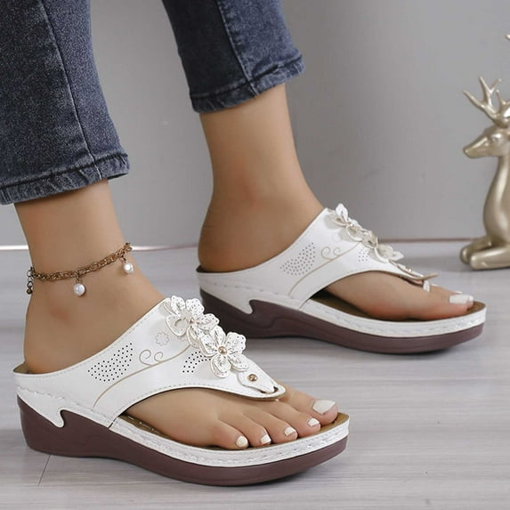 AXXD White Sandals for Women 9 Summer Plus-size Solid Color Flower Casual Comfortable Lunge Sandals