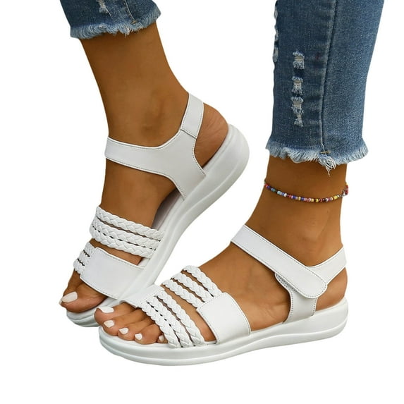 AXXD White Sandals for Women Summer Open Toe Adhesive Woven Strap Thick Heel Roman Sports Style Sandals Women