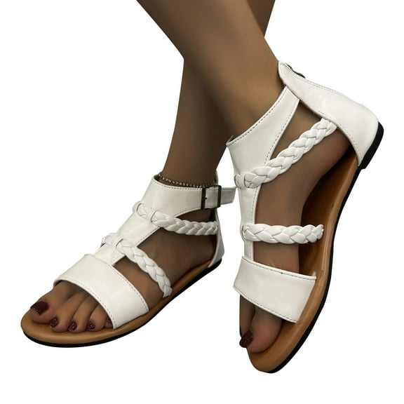 AXXD White Sandals for Women Summer Weave Vintage Roman Shoes Low Heel Belt Lock Zipper Sandals