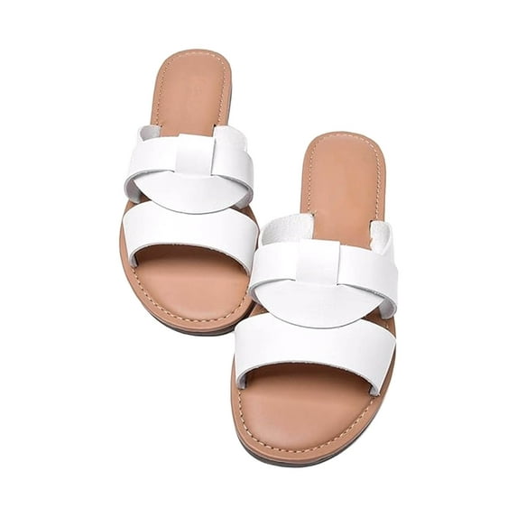 AXXD White Slide Sandals for Women Flat Sandals Round Open Toe Wrap Vamp Weave Strap Comfortable Casual Summer Beach Shoes Women