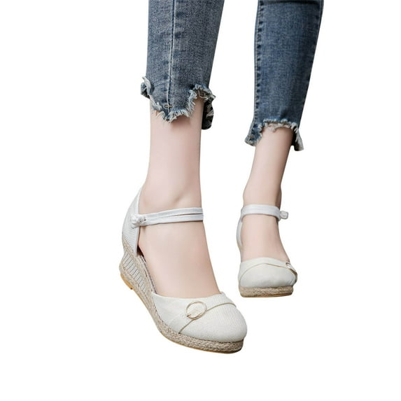 AXXD White Wedge Sandals for Women 6.5 Knitted Round Toe Sandals High Heel Summer Casual