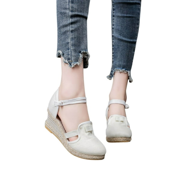 AXXD White Wedge Sandals for Women 7 Knitted Round Toe Color Block Sandals High Heel Summer Casual Baotou Back Empty Sandals