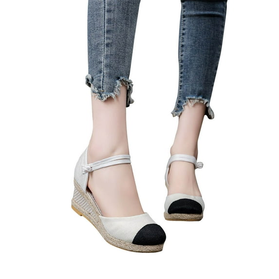 AXXD White Wedge Sandals for Women 7 Knitted Round Toe Color Block Sandals High Heel Summer Casual