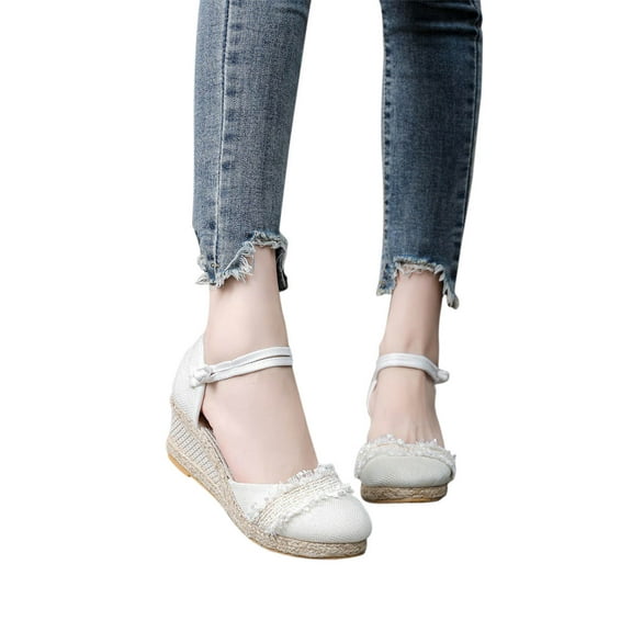 AXXD White Wedge Sandals for Women 9 Knitted Round Toe Lace Decoration Sandals High Heel Summer Casual