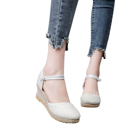 AXXD White Wedge Sandals for Women Knitted Round Toe Baotou Cloth Shoes Sandals High Heel Summer Casual