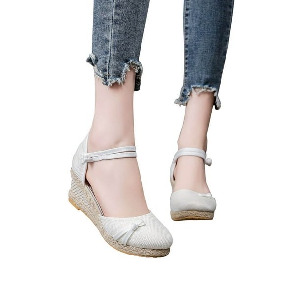 AXXD White Wedge Sandals for Women Knitted Round Toe Bow Sandals High Heel Summer Casual Baotou Back Empty Sandals
