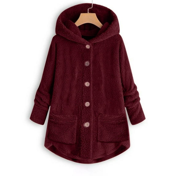 AXXD Winter Jackets For Women,Women Plus Size Button Plush Tops Hooded Loose Cardigan Wool Coat Winter Jacket