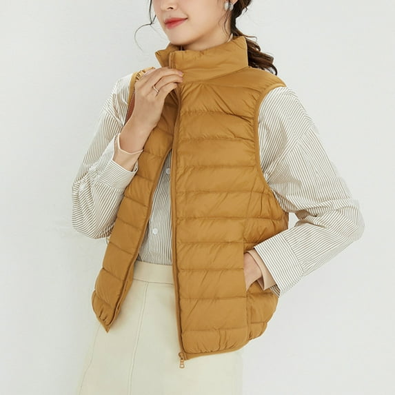 AXXD Winter Standup Collar Hood Light Warm Fashion Vest Summer Jackets for Women White Clearance Yellow Size Xl(Us:10)