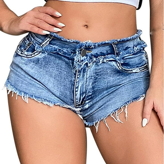 AXXD Woman Cotton Biker Shorts Blue Low Rise Summer Spicy Girls Plus Size Elastic Hole Denim Shorts Mother's Day