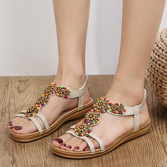 AXXD Women Beige Sandals 6.5 Summer Pullover Flat Open Toe Beach Sandals