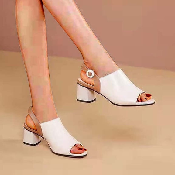 AXXD Women Beige Sandals 7.5 Summer Sandals Leather Fish Mouth Block Heel Sandals