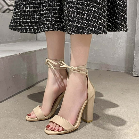 AXXD Women Beige Sandals 7 Strappy Sandals Summer Casual Peep Toe Sandals Lace-Up Solid Color High Heel Chunky Heel Shoes