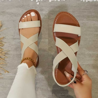 AXXD Women Beige Sandals Clearance New Summer Elasticated Roman Beach Shoes Open-toed Flat Sandals