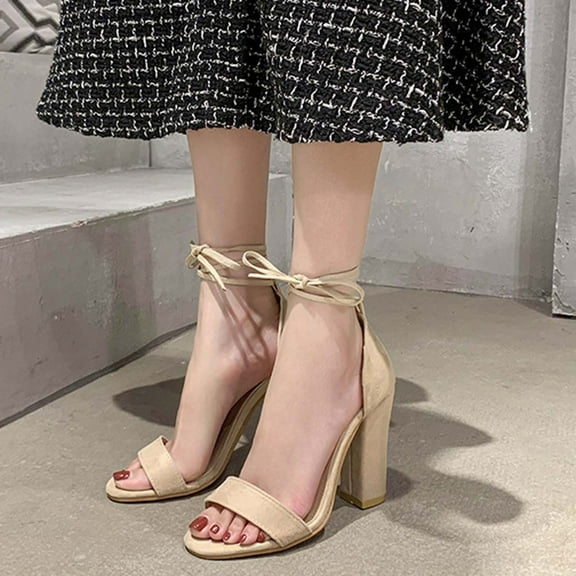 AXXD Women Beige Sandals Strappy Sandals Summer Casual Peep Toe Sandals Lace-Up Solid Color High Heel Chunky Heel Shoes