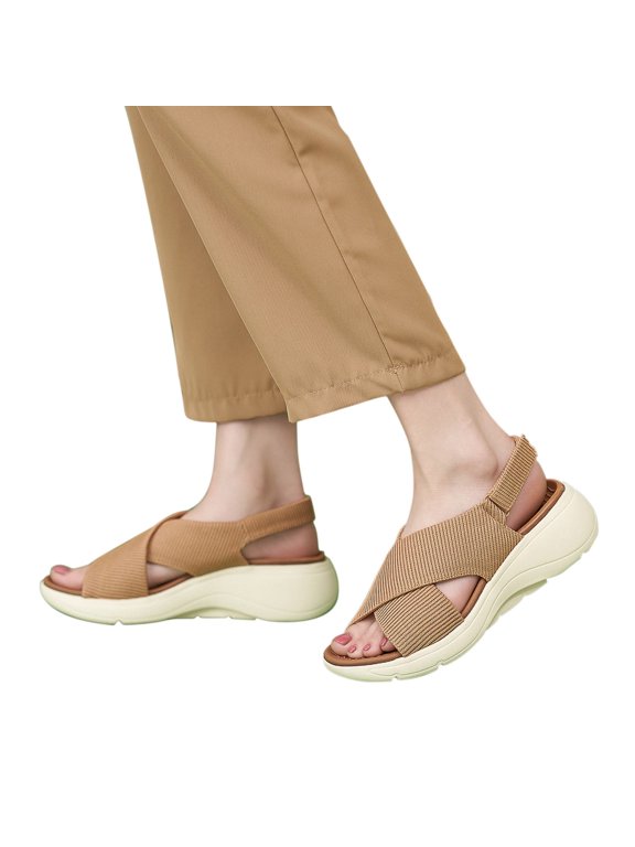 Women Beige Sandals Summer Thick Sole Sandals Lightweight Non Slip Comfortable Casual Sports Paste Microfiber Shoes