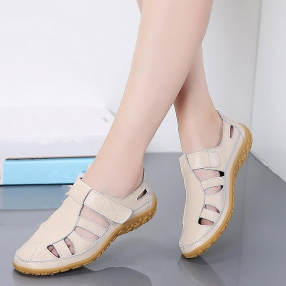 AXXD Women Beige Sandals Summer Leather Sandals Comfortable Soft Soled Mom Shoes Paste Casual Shoes