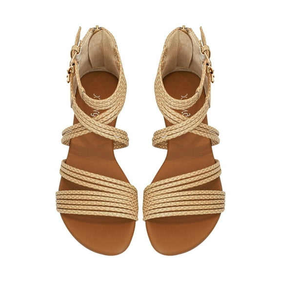 AXXD Women Beige Sandals Summer Slope Heel Woven Sandals Versatile Oversized Buckle Roman Shoes