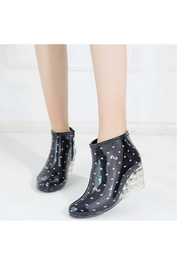 Women Black Ankle Rain Boots Leopard Print Buckle Side Zipper High heel Medium Width Transparent Mid-tube Wedge Heel Waterproof Shoes Clearance Size 39(US:8)