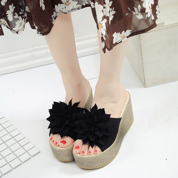 AXXD Women Black Sandals 6.5 Summer Matsu Heel Thick Sole Slope Heel Shoes Breathable Slip-on Beach Sandals