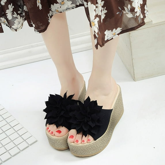 AXXD Women Black Sandals 6.5 Summer Matsu Heel Thick Sole Slope Heel Shoes Breathable Slip-on Beach Sandals