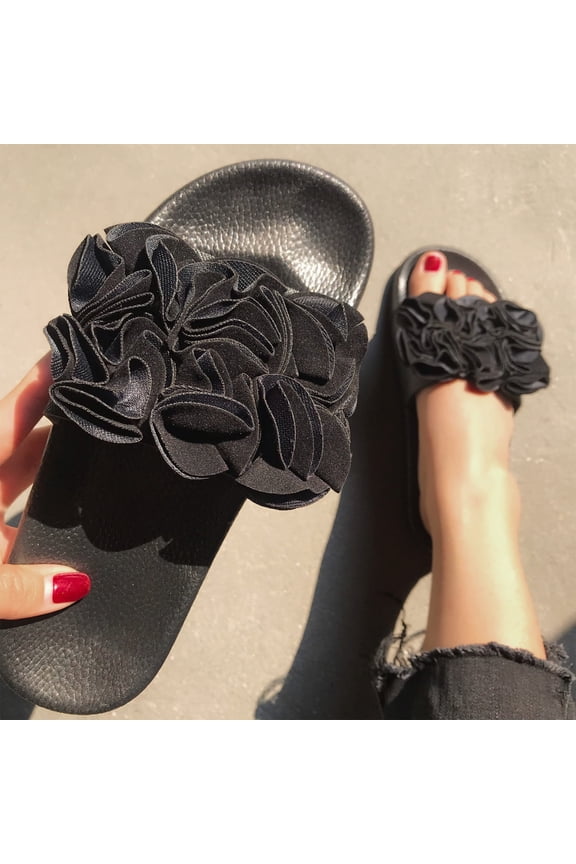 Women Black Sandals Summer Casual Big Flower Flat Sandals Shoes Flip Flop