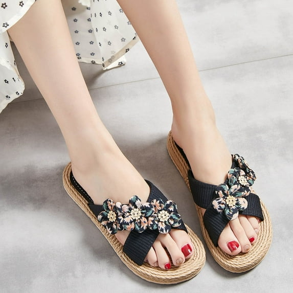 AXXD Women Black Sandals Summer Flip-flops Woven Flowers Color Flat Beach Sandals
