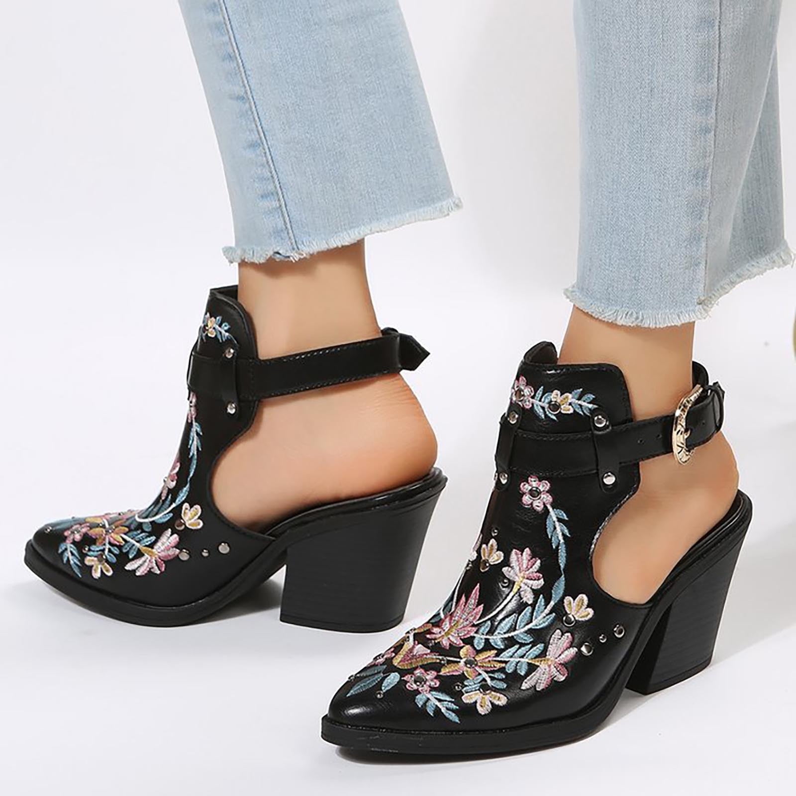 AXXD Women Black Sandals Clearance Summer Ladies Shoes Embroidered High ...