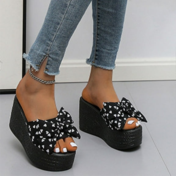 AXXD Women Black Sandals Clearance Summer Matsu Heel Thick Sole Slope Heel Shoes Breathable Slip-on Beach Sandals