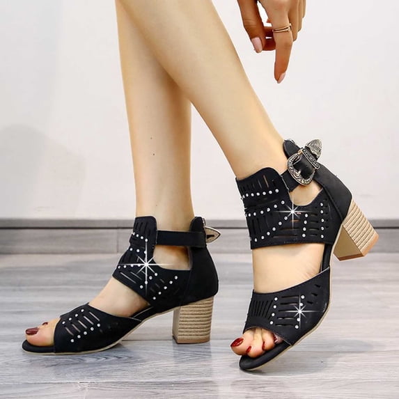 AXXD Women Black Sandals Summer New Large-size Hollowed-out Rhinestone Fish Mouth Chunky High-heeled Sandals