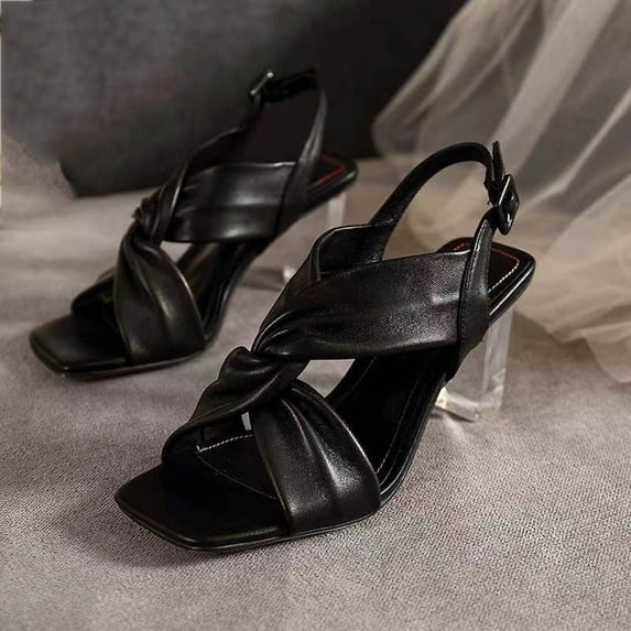 AXXD Women Black Sandals Summer Sandals Open-toe Square Strap High Heels