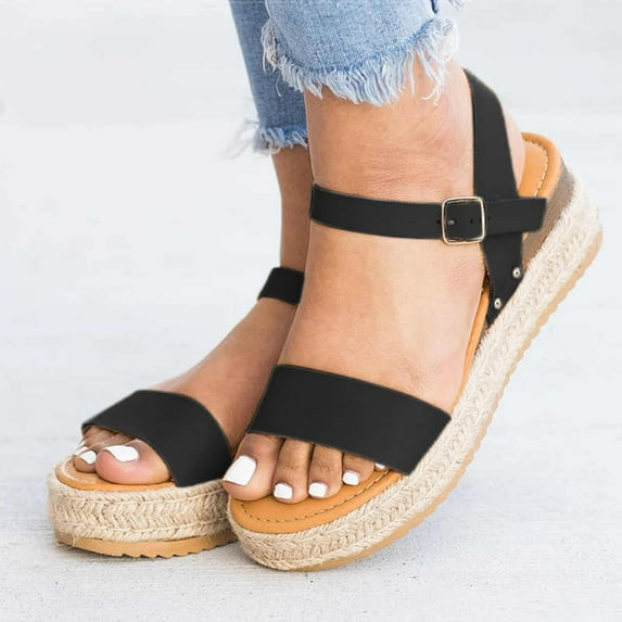 AXXD Women Black Sandals Clearance Under $10 New Spring Summer Slope Heel Round Toe Sandals Casual Sandals Sandals