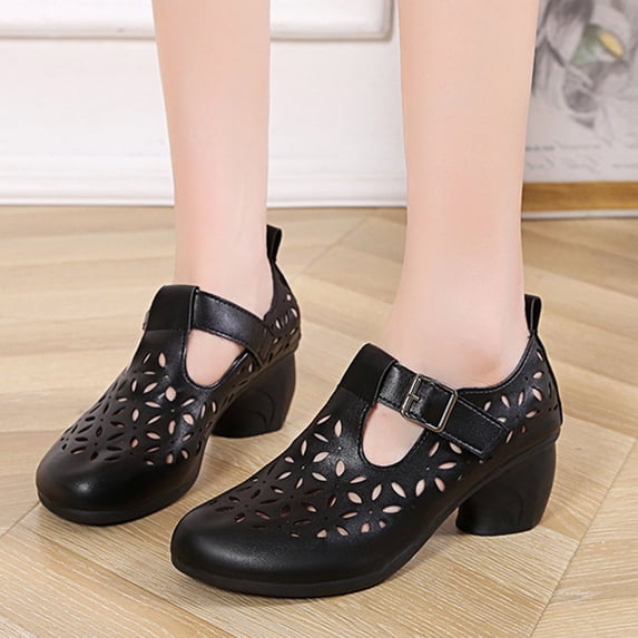 AXXD Women Black Sandals Summer Soft Faced Thick Heeled Shoes Comfortable Hollow Out Buckle Sandals