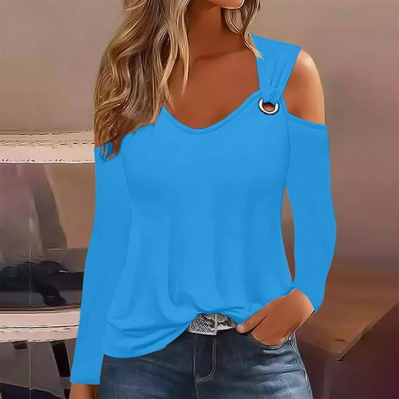AXXD Women Blouses Basic Summer 2024 Trendy Casual Solid Off Shoulder Pullover Long Sleeve Top Long Sleeve V-Neck Top/Shirt