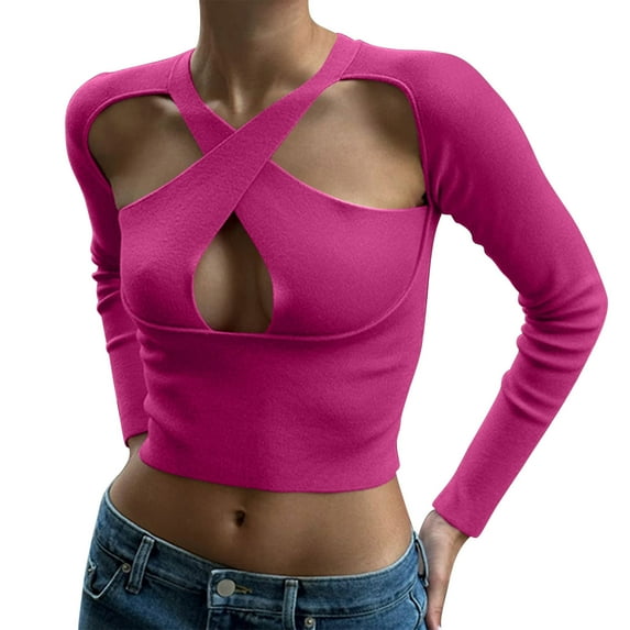 AXXD Women Blouses Basic Summer 2024 Trendy Long Sleeve Top Slim Temperament Solid Color Base Shirt Sexy Spice Girl T-shirt